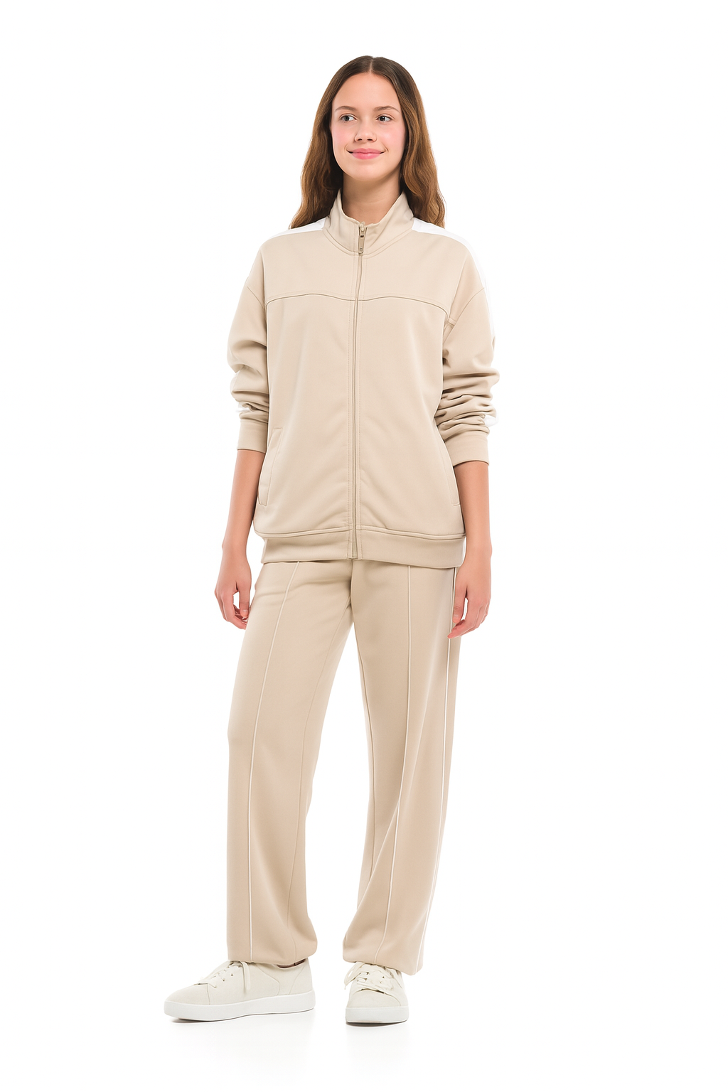 Girls’ Beige Contrast-Stripe Track Set – Zip-Up Jacket & Joggers