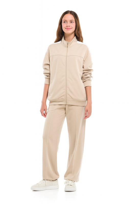 Girls’ Beige Contrast-Stripe Track Set – Zip-Up Jacket & Joggers