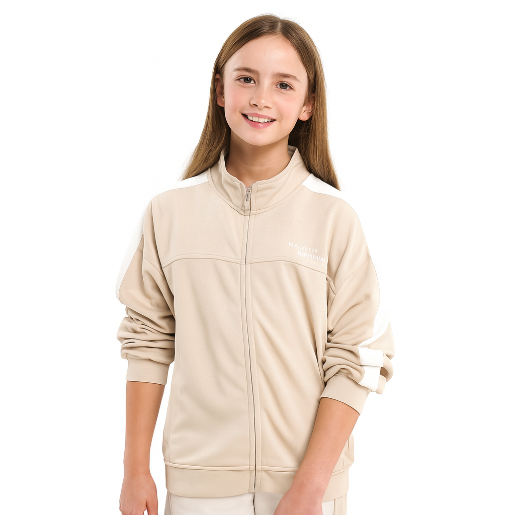 Girls’ Beige Contrast-Stripe Track Set – Zip-Up Jacket & Joggers