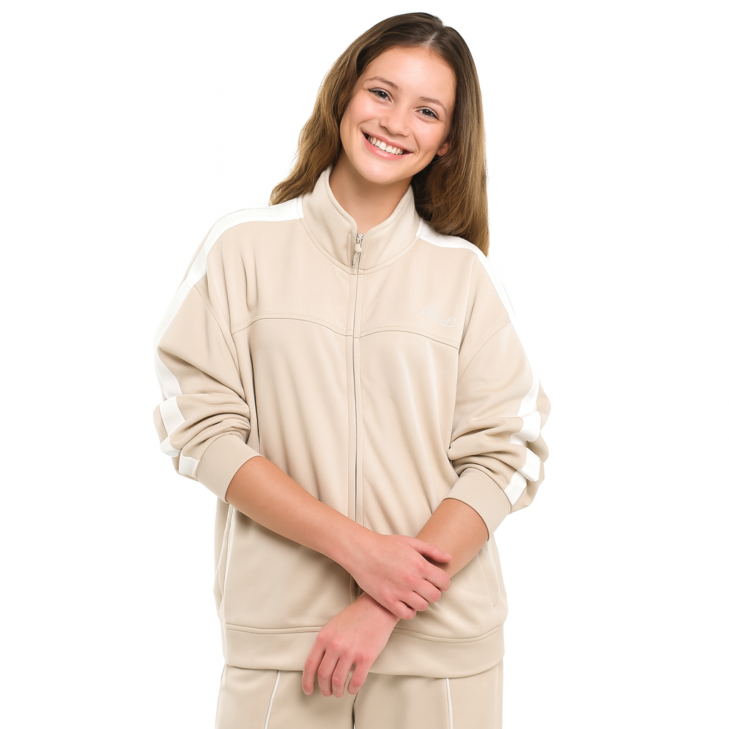 Girls’ Beige Contrast-Stripe Track Set – Zip-Up Jacket & Joggers