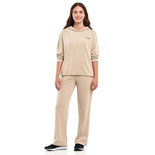 Girls 2 Piece Set - Snap-Hem Wide-Leg Trousers & Hoodie Set - Oatmeal