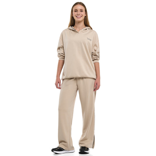 Ladies 2 Piece Set - Snap-Hem Wide-Leg Trousers & Hoodie Set - Oatmeal