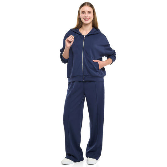 Ladies 2 Piece Set- Navy Zip-Up Hoodie & Wide-Leg Trousers Set