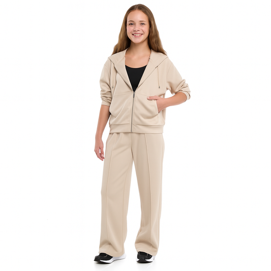Girls 2 Piece Set- Beige Zip-Up Hoodie & Wide-Leg Trousers Set