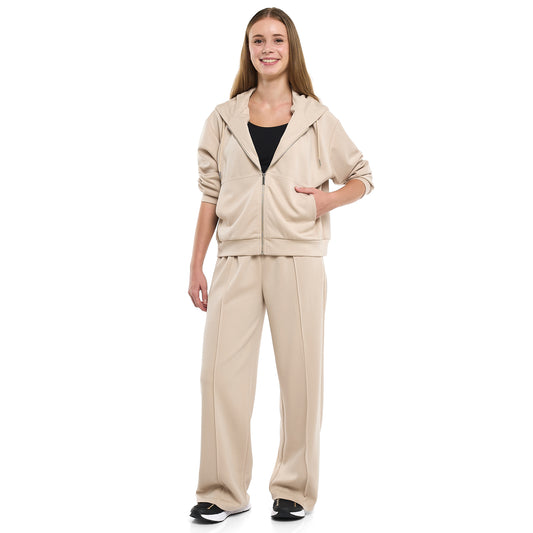Ladies 2 Piece Set- Beige Zip-Up Hoodie & Wide-Leg Trousers Set