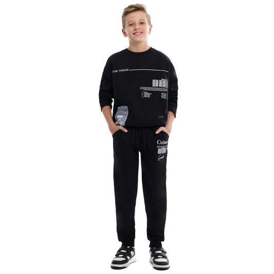 Boys Black Sweatshirt & Jogger Set with Printed Patch Design