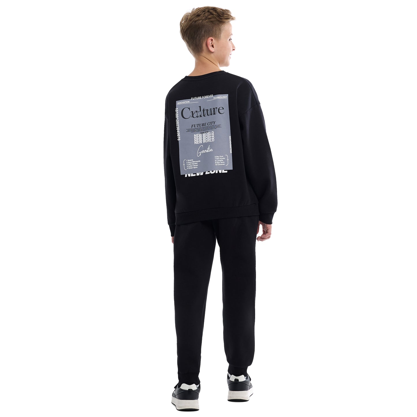 Boys Black Sweatshirt & Jogger Set with Printed Patch Design
