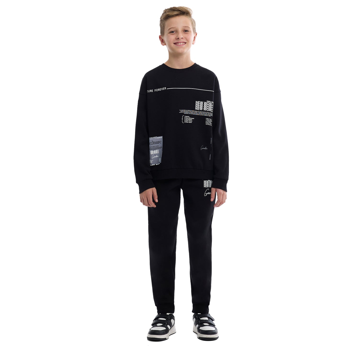 Boys Black Sweatshirt & Jogger Set with Printed Patch Design
