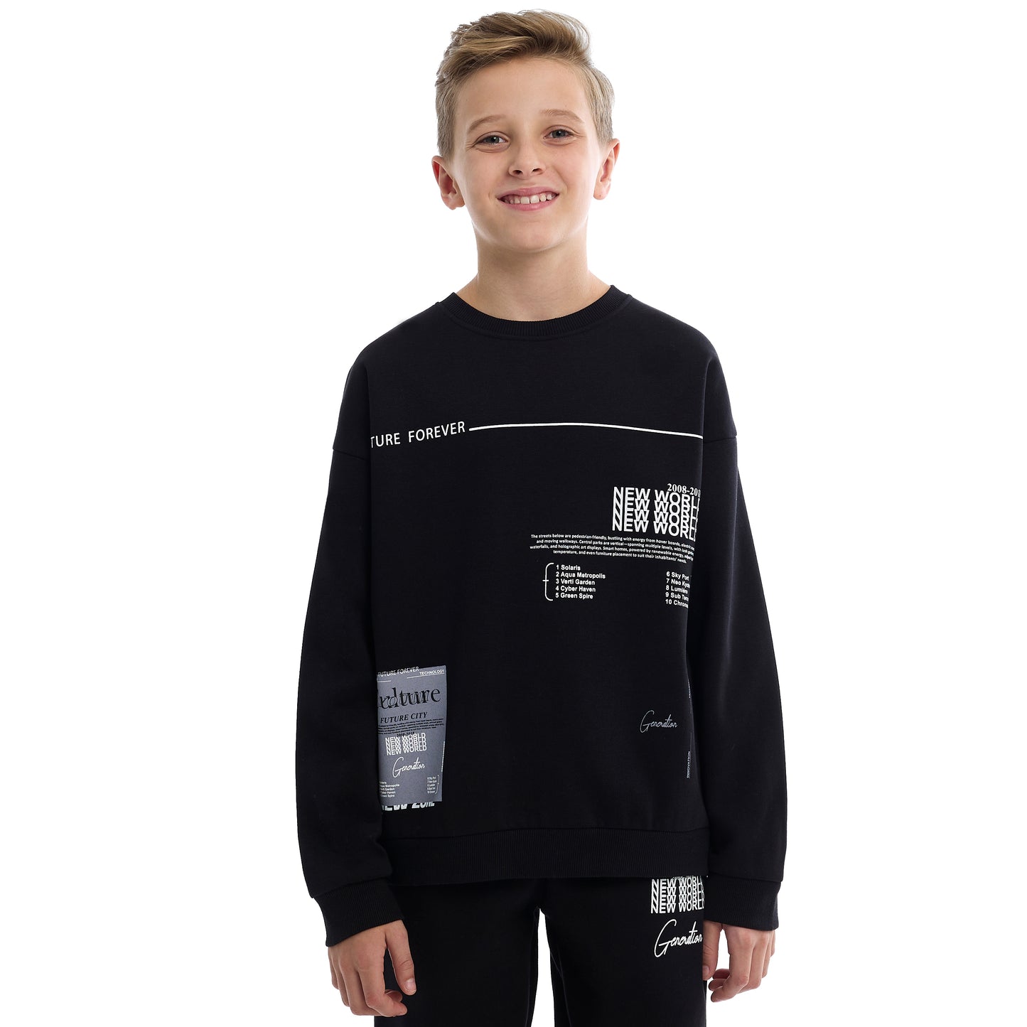 Boys Black Sweatshirt & Jogger Set with Printed Patch Design