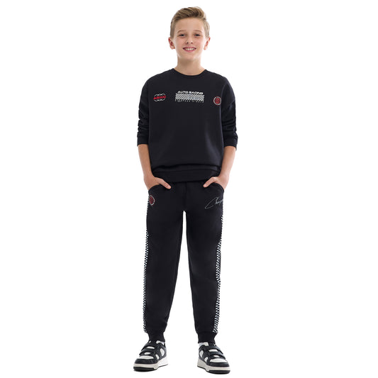 Kids Black Pullover Hoodie & Joggers Set with “World Explorer” Logo