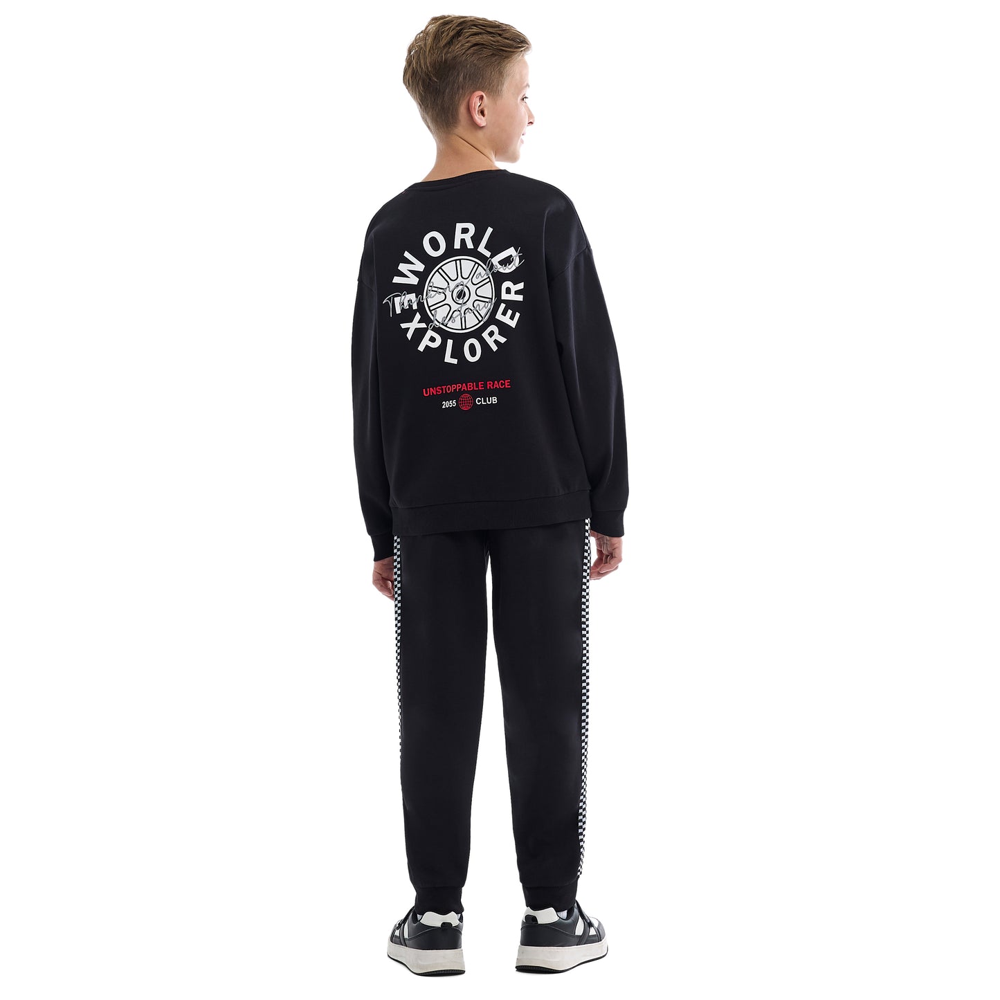 Kids Black Pullover Hoodie & Joggers Set with “World Explorer” Logo