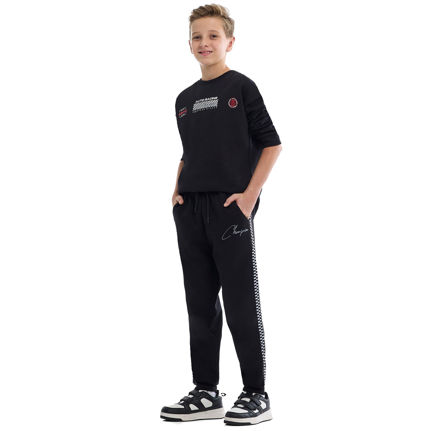 Kids Black Pullover Hoodie & Joggers Set with “World Explorer” Logo