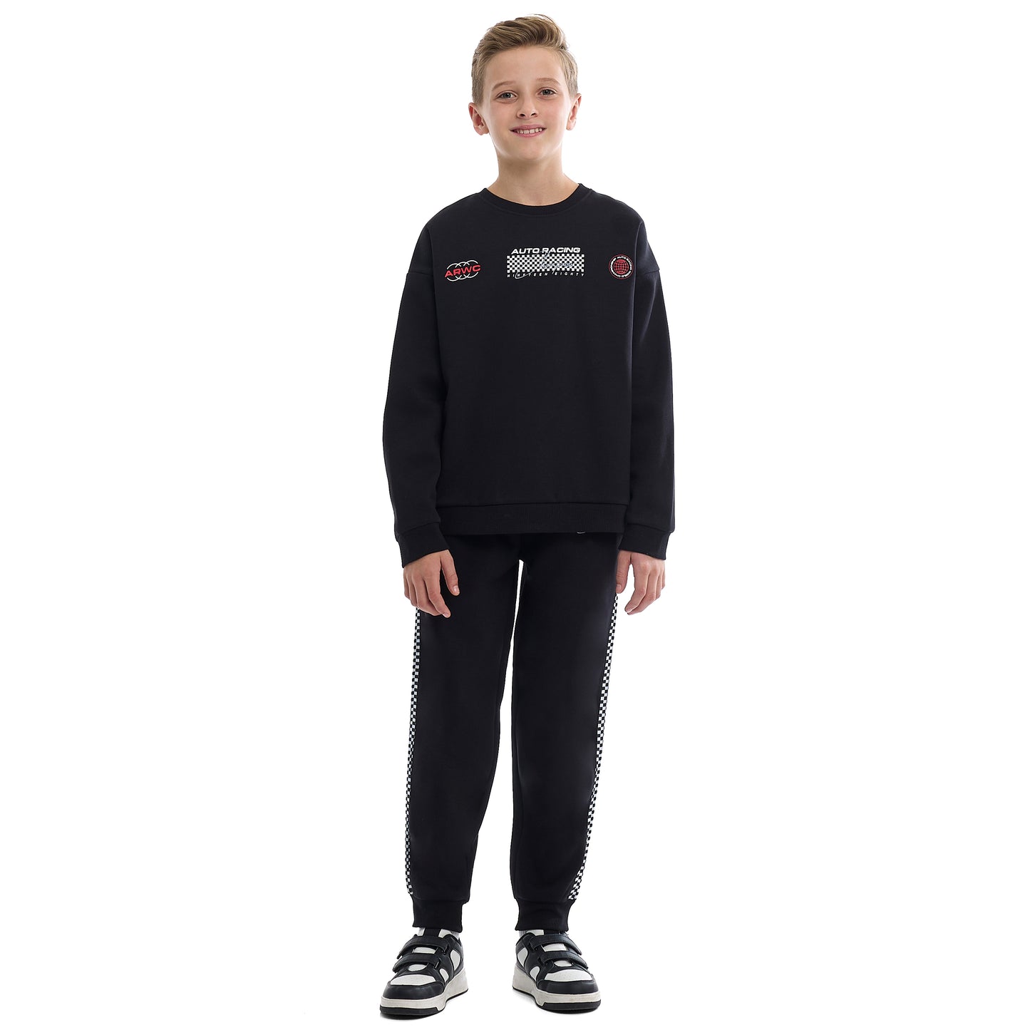 Kids Black Pullover Hoodie & Joggers Set with “World Explorer” Logo