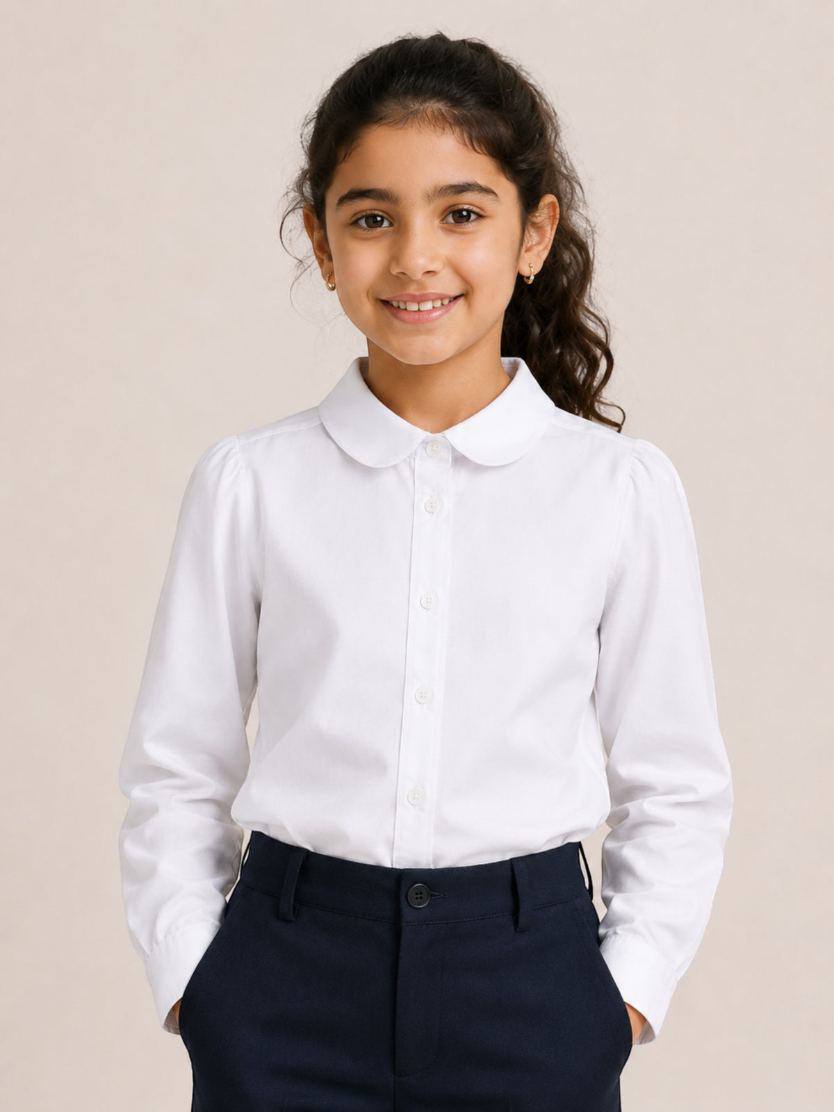 White Junior Girls Long Sleeve Collared Shirt