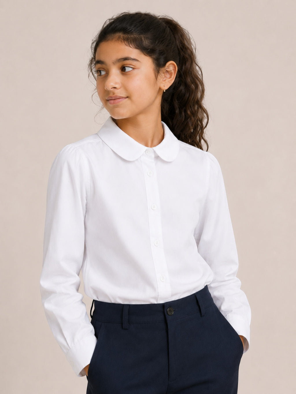 Girls Long Sleeve Collared Shirt- White