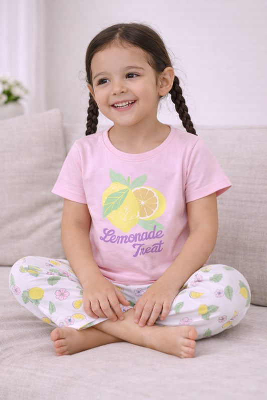 Girls Lemonade Print Cotton Pajama Set “ T-Shirt & Full Pants Nightwear