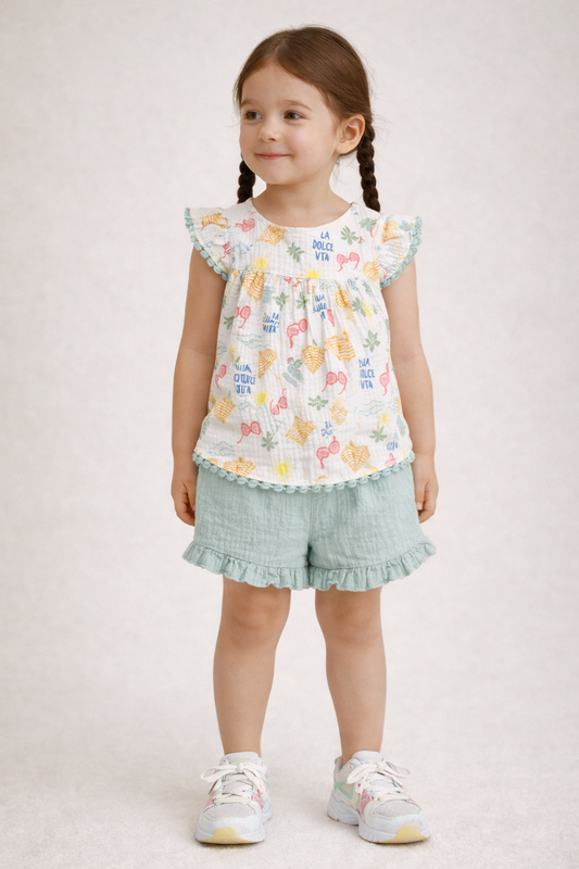 Baby Girls Printed Flutter Sleeve Top & Ruffle Shorts Set With Sunglasses