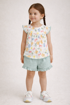 Baby Girls Printed Flutter Sleeve Top & Ruffle Shorts Set With Sunglasses