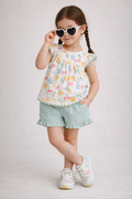 Baby Girls Printed Flutter Sleeve Top & Ruffle Shorts Set With Sunglasses