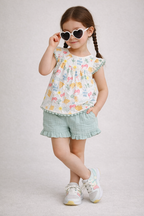 Baby Girls Printed Flutter Sleeve Top & Ruffle Shorts Set With Sunglasses