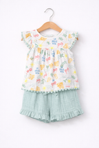 Baby Girls Printed Flutter Sleeve Top & Ruffle Shorts Set With Sunglasses