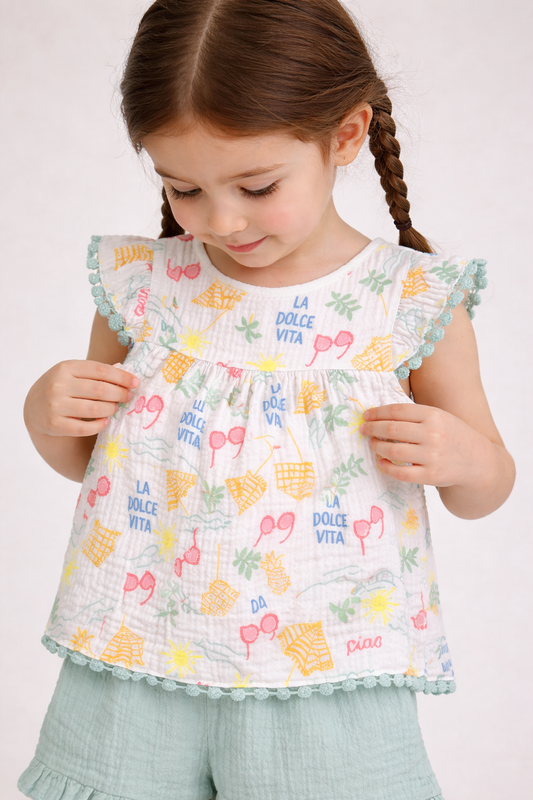 Baby Girls Printed Flutter Sleeve Top & Ruffle Shorts Set With Sunglasses