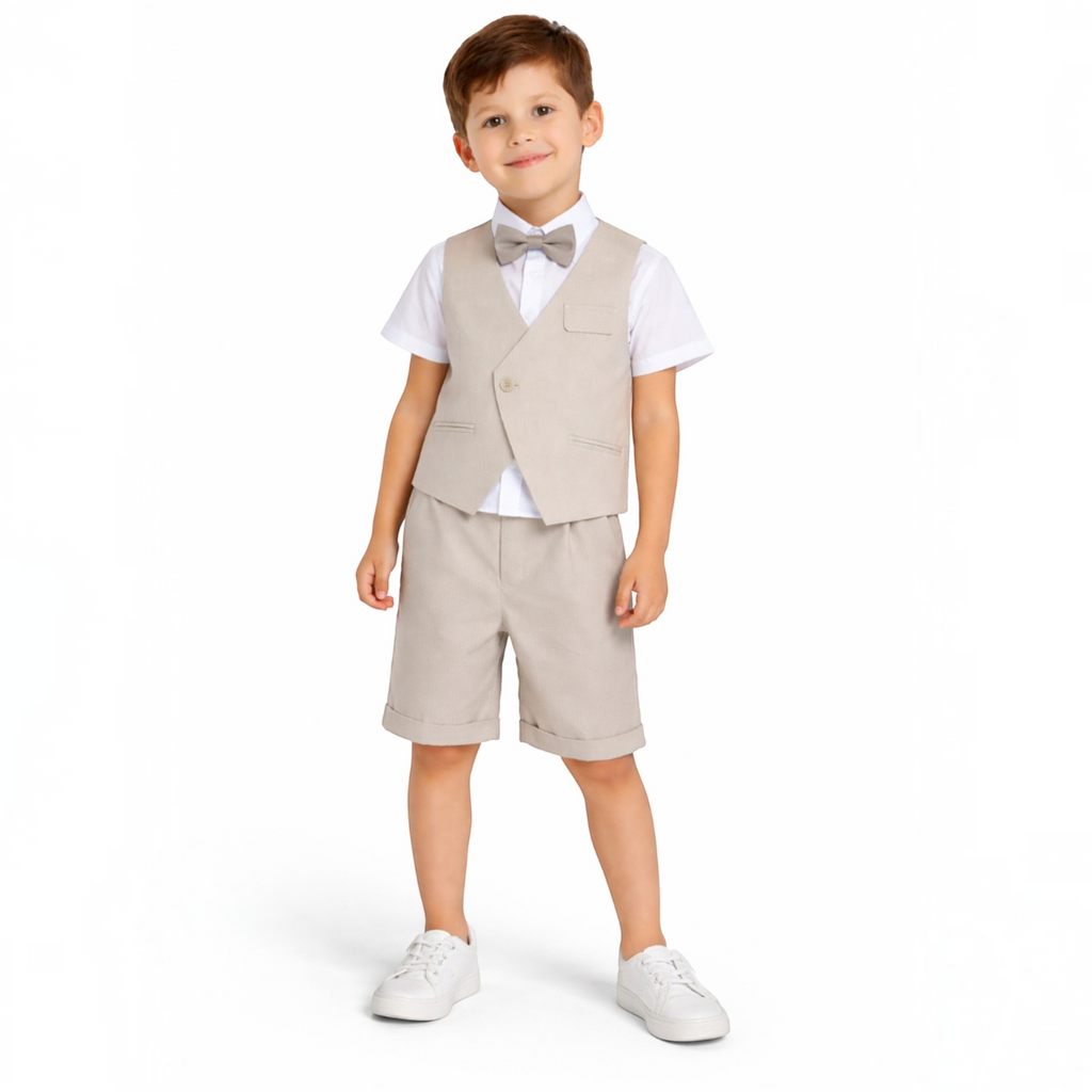 victor and jane boys 4-piece formal set featuring a beige waistcoat, white shirt, matching shorts, and a bow tie.