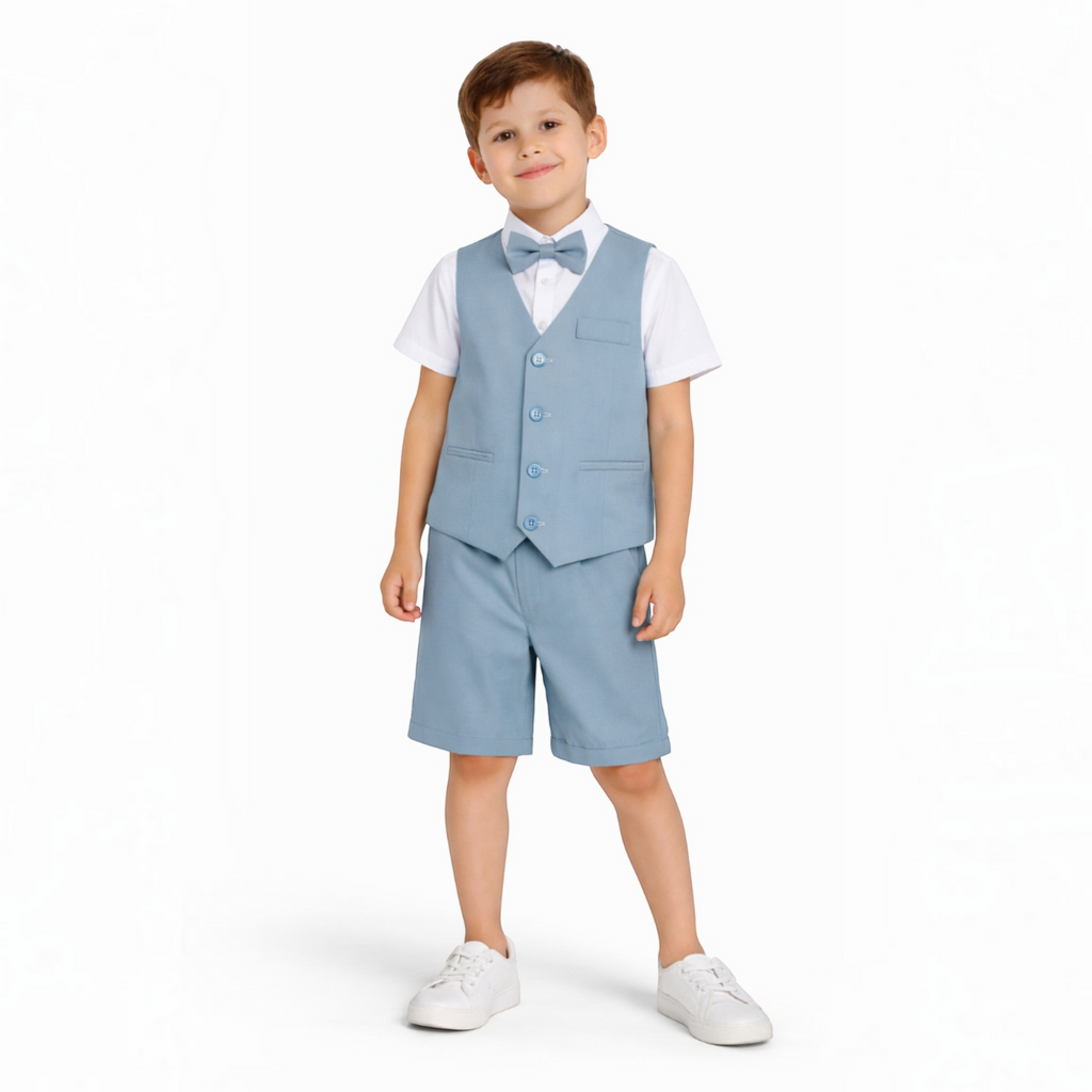 victor and jane boys 4-piece formal set featuring a dusty blue waistcoat, matching shorts, white shirt, and bow tie.