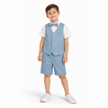 victor and jane boys 4-piece formal set featuring a dusty blue waistcoat, matching shorts, white shirt, and bow tie.