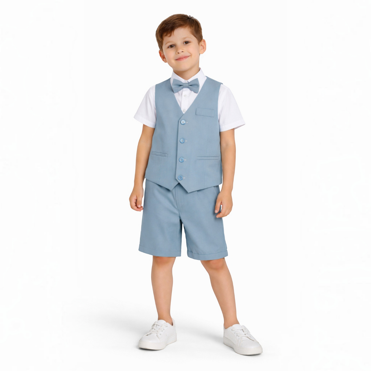 victor and jane boys 4-piece formal set featuring a dusty blue waistcoat, matching shorts, white shirt, and bow tie.