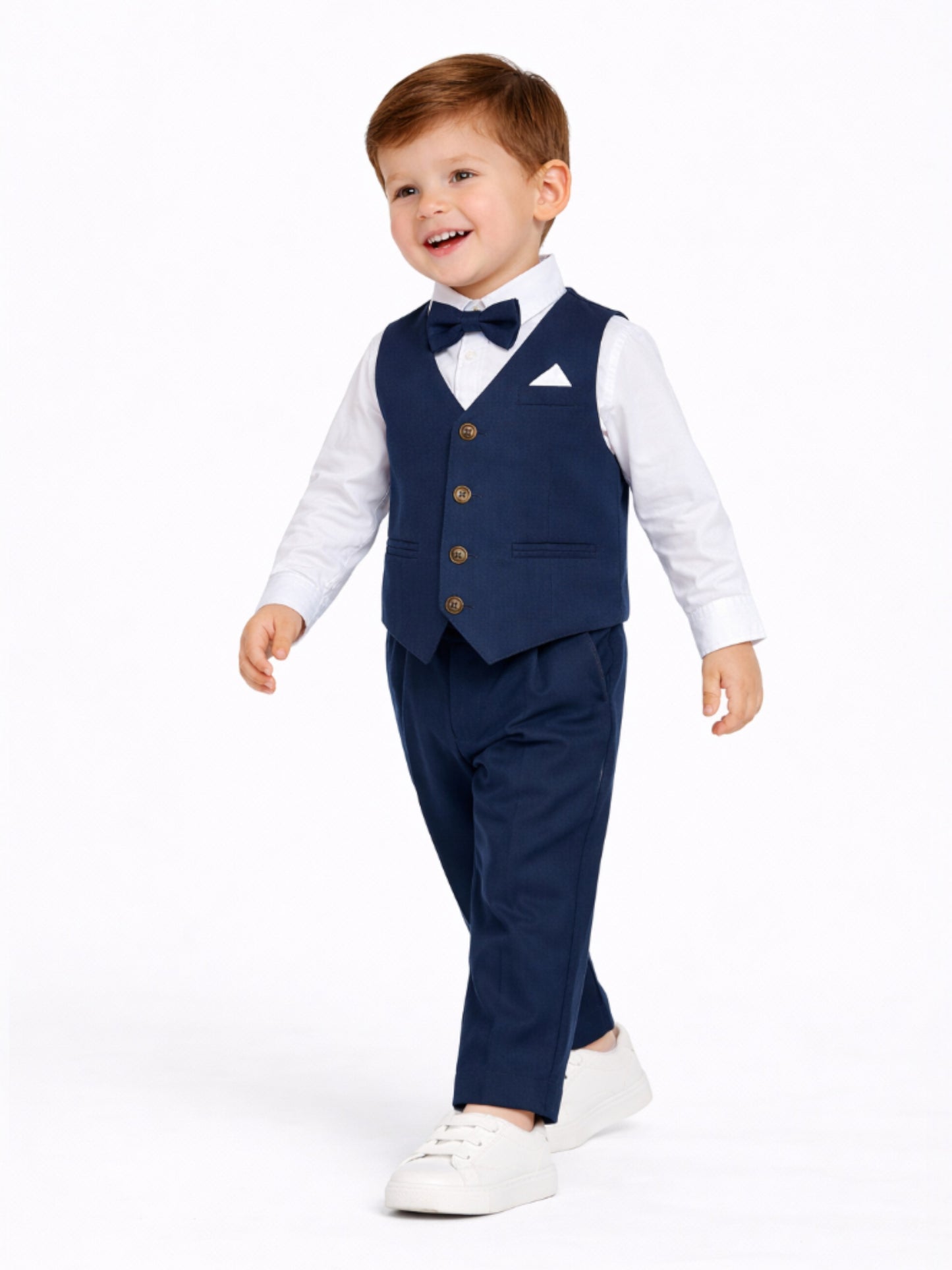 Boys 4 Pc Set Blue Waistcoat, Shirt, Trousers & Bow Tie Set (3 Years–8 Years)