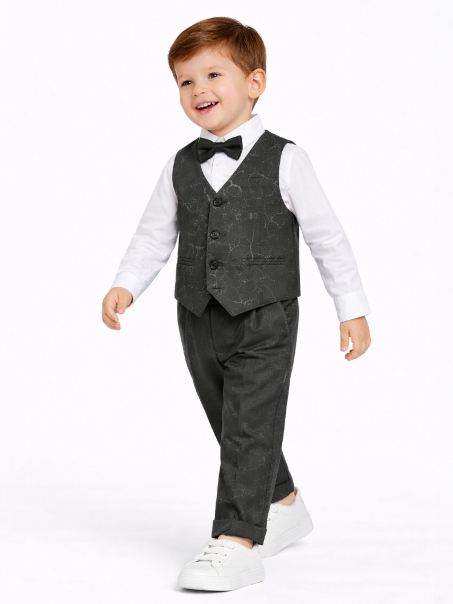 Boys 4 Pc Set Dark Grey Waistcoat, Shirt, Trousers & Bow Tie Set (3 Years–8 Years)