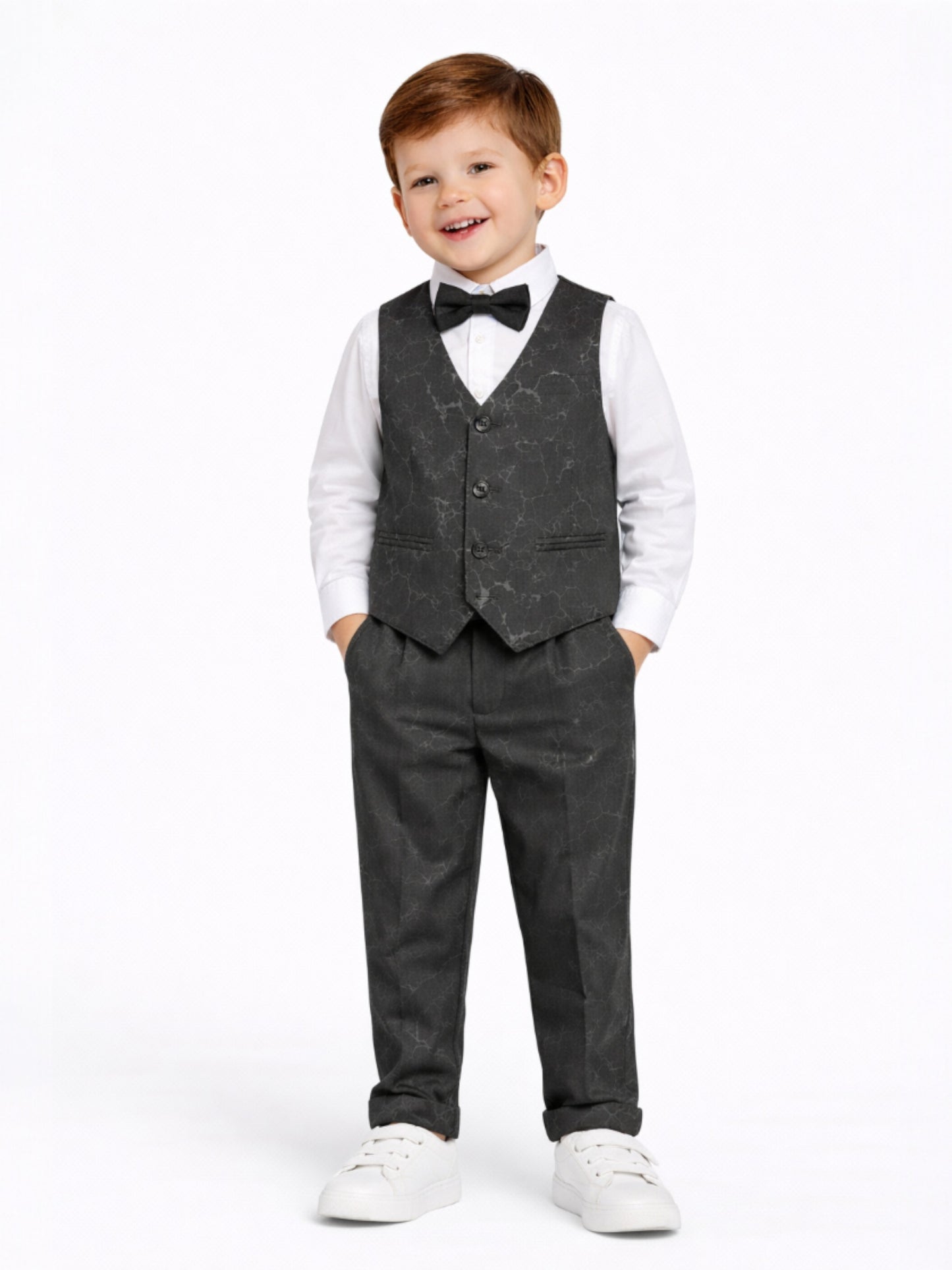 Boys 4 Pc Set Dark Grey Waistcoat, Shirt, Trousers & Bow Tie Set (3 Years–8 Years)