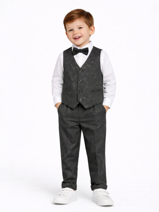Boys 4 Pc Set Dark Grey Waistcoat, Shirt, Trousers & Bow Tie Set (3 Years–8 Years)