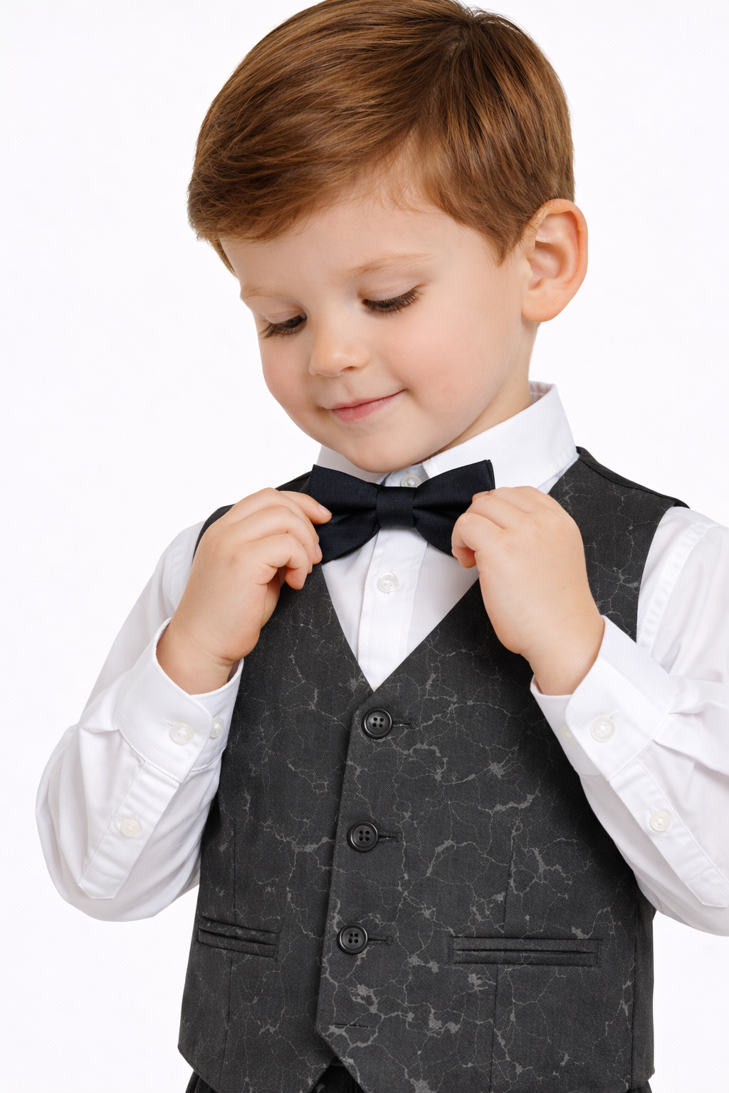 Boys 4 Pc Set Dark Grey Waistcoat, Shirt, Trousers & Bow Tie Set (3 Years–8 Years)