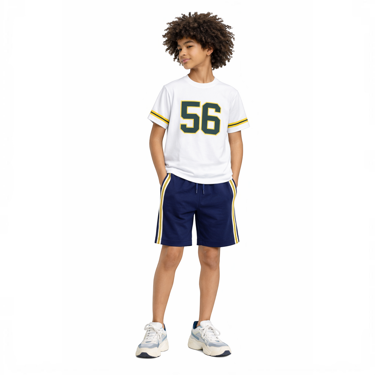 victor and jane boys white t-shirt and navy blue shorts set with yellow and white side stripes and number 56 print
