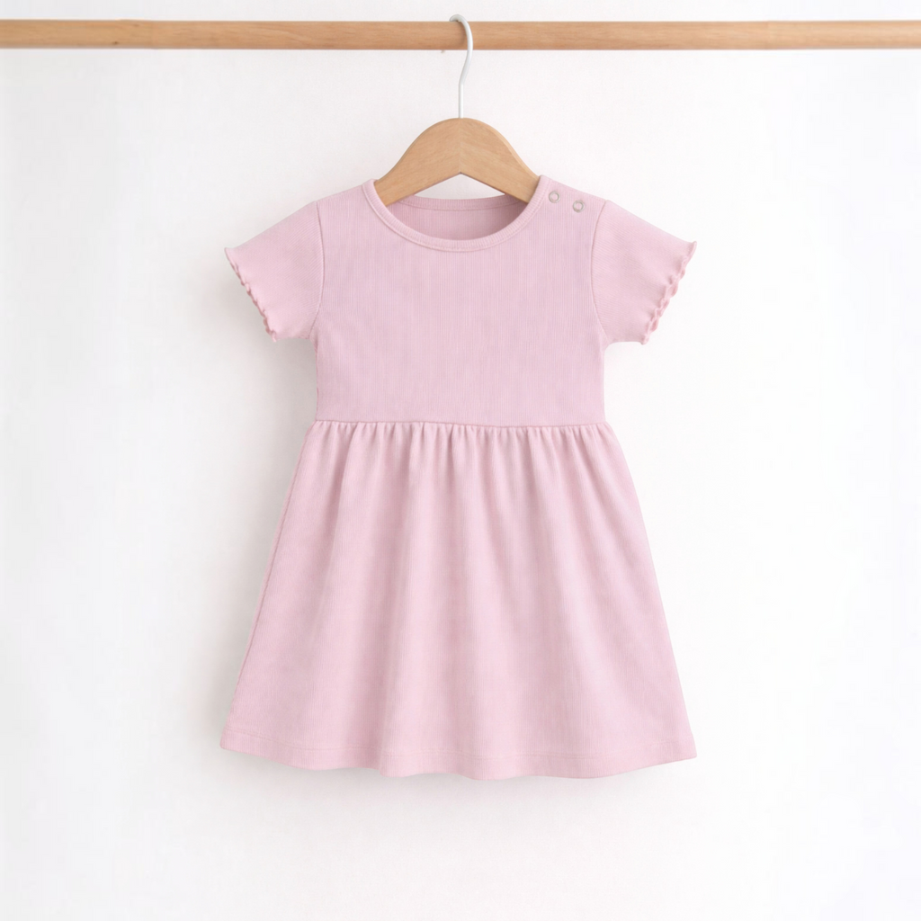 victor and jane baby girls pink ribbed short sleeve dress with lettuce edge trim on a wooden hanger
