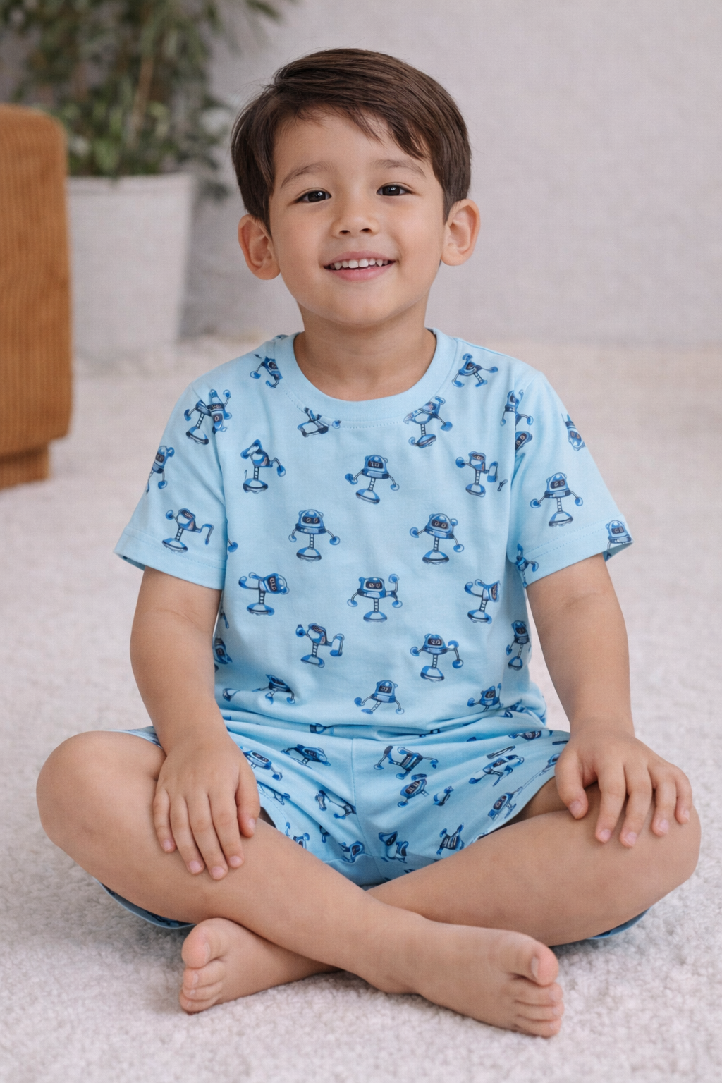 Boys Robot Print Cotton Pajama Set “ T-Shirt & Shorts Nightwear