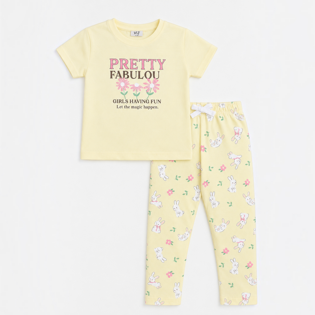 victor and jane girls yellow cotton pyjama set with bunny and flower print and Pretty Fabulous graphic