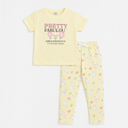 victor and jane girls yellow cotton pyjama set with bunny and flower print and Pretty Fabulous graphic