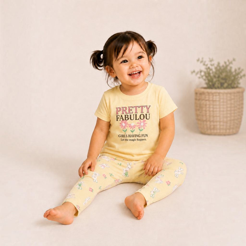 Toddler girl wearing a yellow victor and jane pyjama set with bunny and flower prints, sitting on a neutral floor.