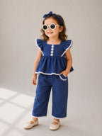 Baby Girls 4 Pc Set - Denim Look Top & Culotte Pants Set With Lace Details