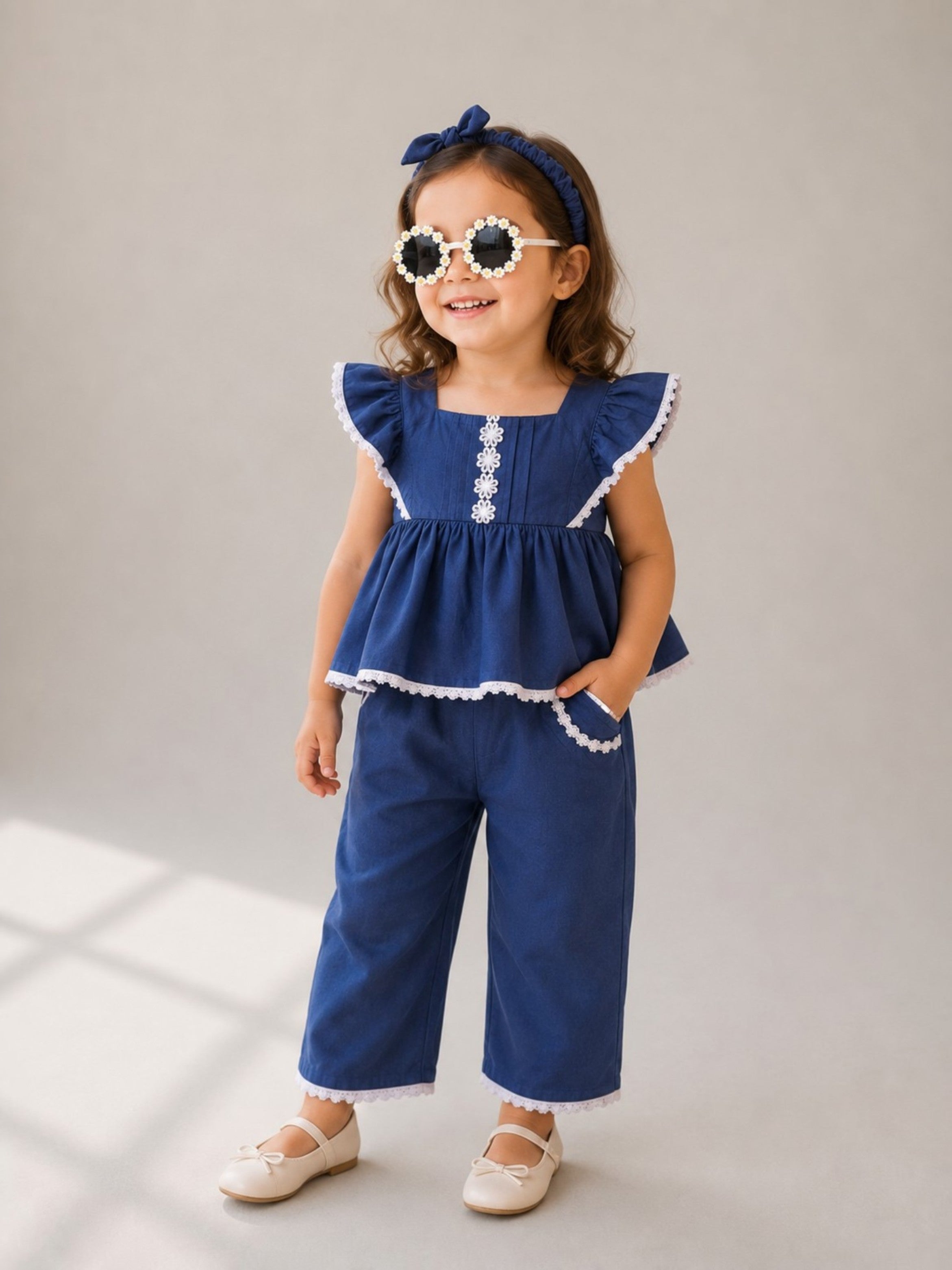 Baby Girls 4 Pc Set - Denim Look Top & Culotte Pants Set With Lace Details