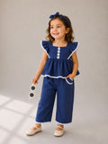 Baby Girls 4 Pc Set - Denim Look Top & Culotte Pants Set With Lace Details