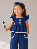 Baby Girls 4 Pc Set - Denim Look Top & Culotte Pants Set With Lace Details