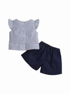 Girls’ Woven 2-Piece Set “ Striped Frill Sleeve Top & Navy Shorts