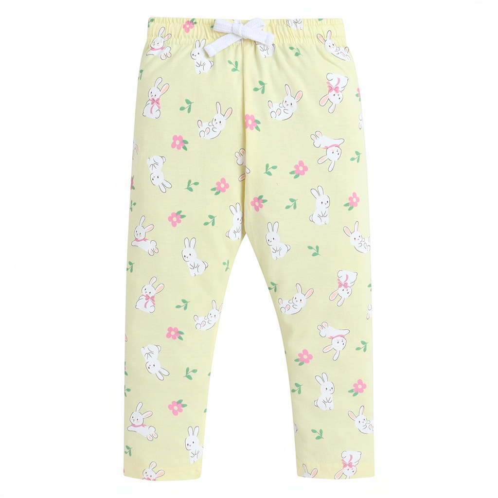 victor and jane girls yellow pyjama bottoms with a cute bunny and flower print and an elasticated drawstring waist