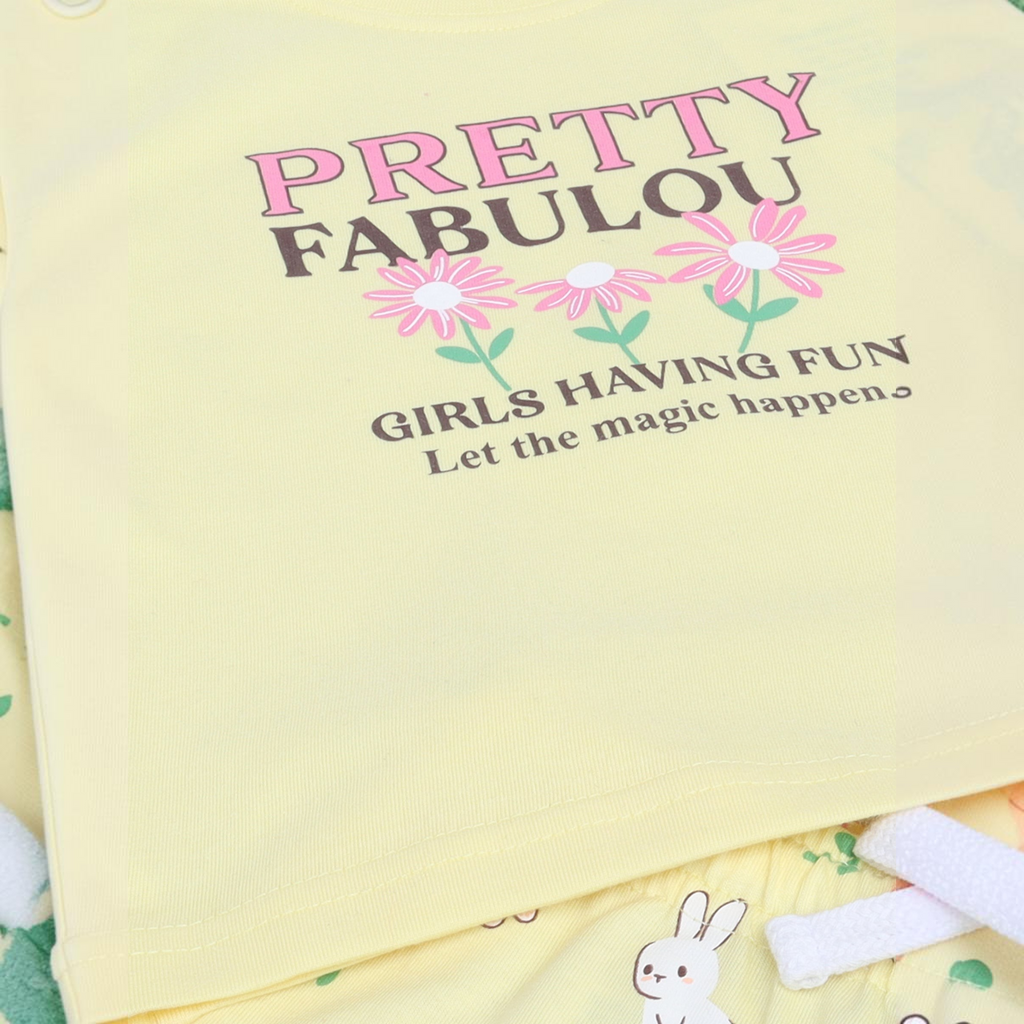 victor and jane girls yellow pyjama set with floral graphic print and bunny pattern on shorts
