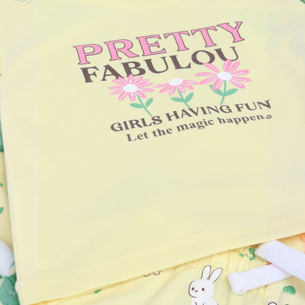 victor and jane girls yellow pyjama set with floral graphic print and bunny pattern on shorts