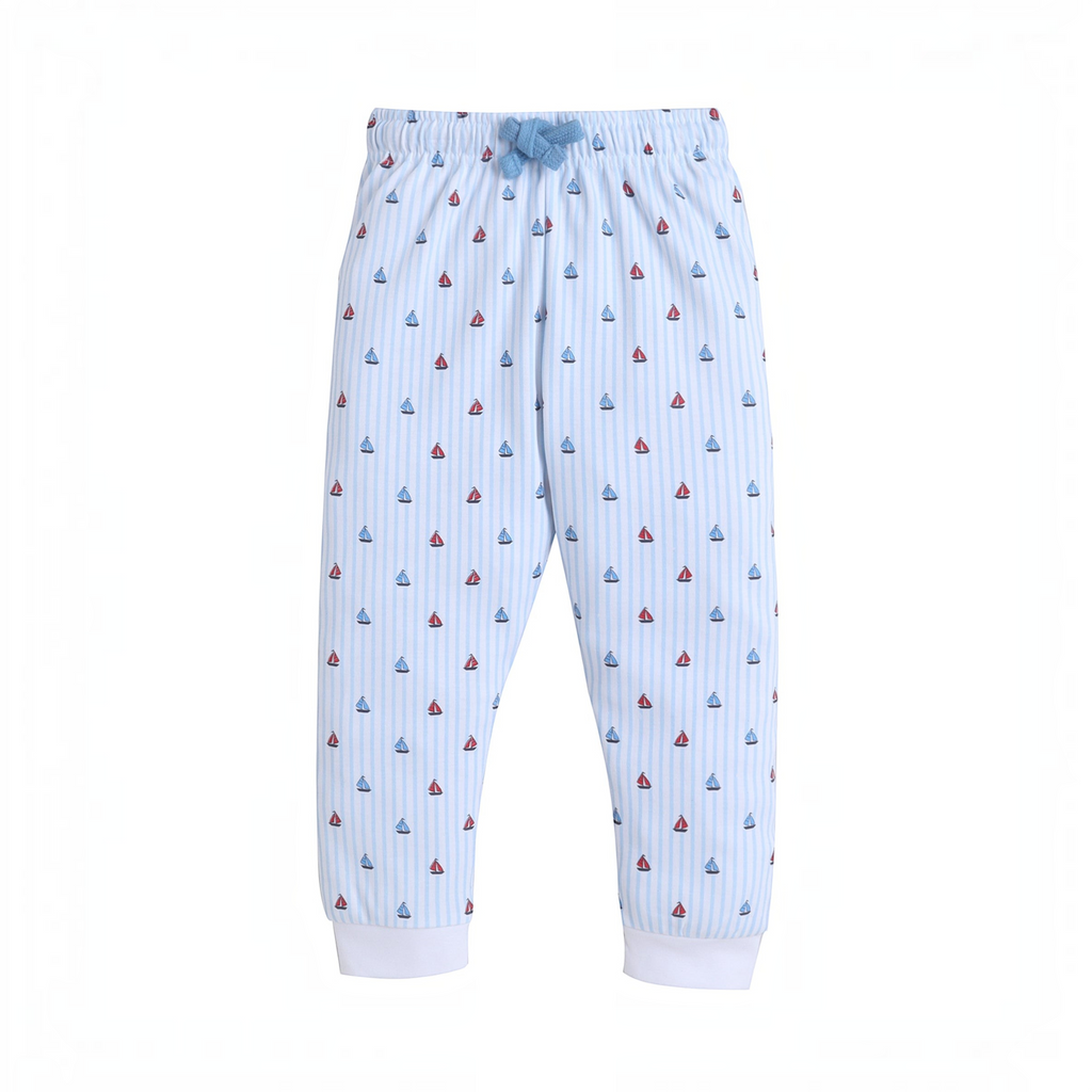 victor and jane baby boys light blue striped joggers with a small sailboat print and a drawstring waist
